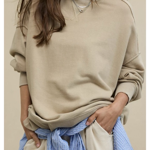 aerie Tops - Aerie Big Chill Crew Sweatshirt Women's Large Tan Khaki Fleece Oversized Comfy
